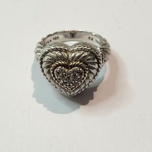 Judith Ripka 925 Silver CZ and Gold Heart Ring